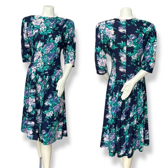 Vintage 90s Dress Floral Navy Blue Basque Waist Momcore Midi Rayon High Neck - Picture 1 of 16